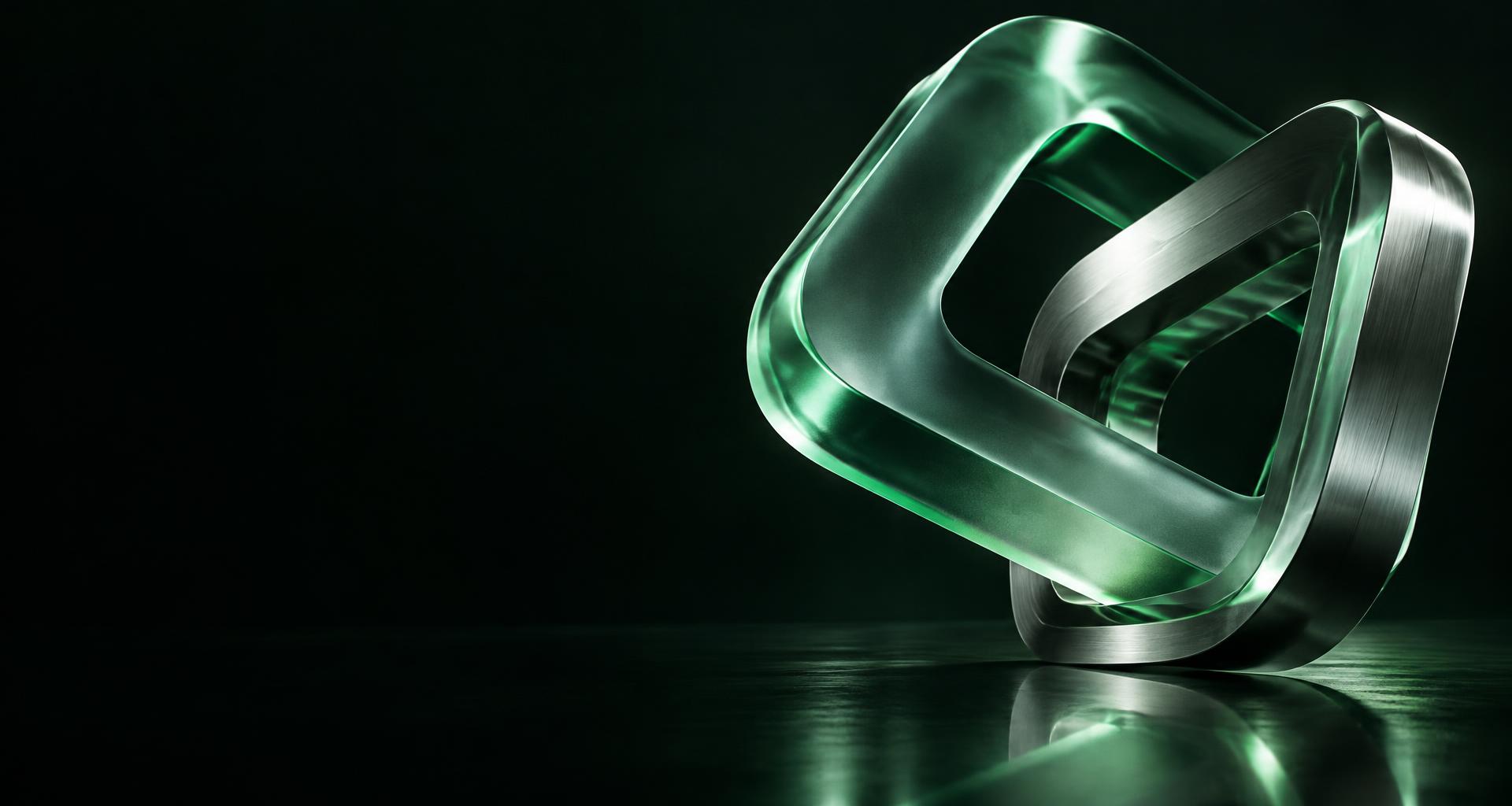 Estruturas de vidro verde e metal conectadas, representando soluções integradas