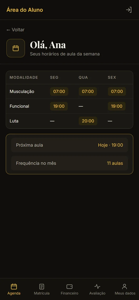 Portal do aluno com a agenda semanal de aulas por modalidade
